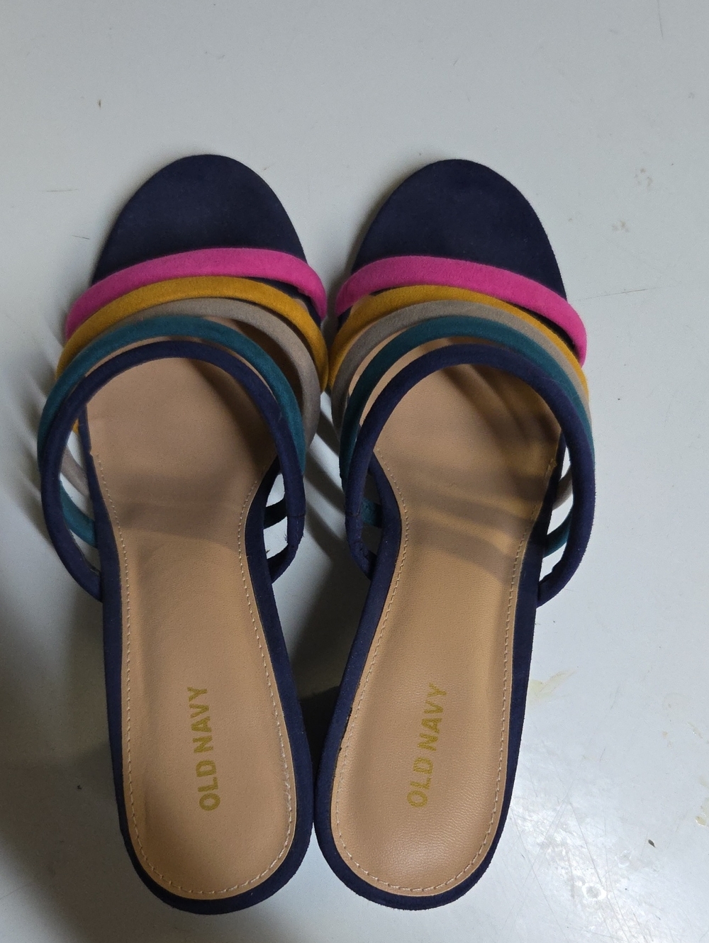 Sz 9 Old Navy Multicolor Strappy Block Heel Sandals - Navy,Pink, Mustard, Teal - Picture 2 of 6